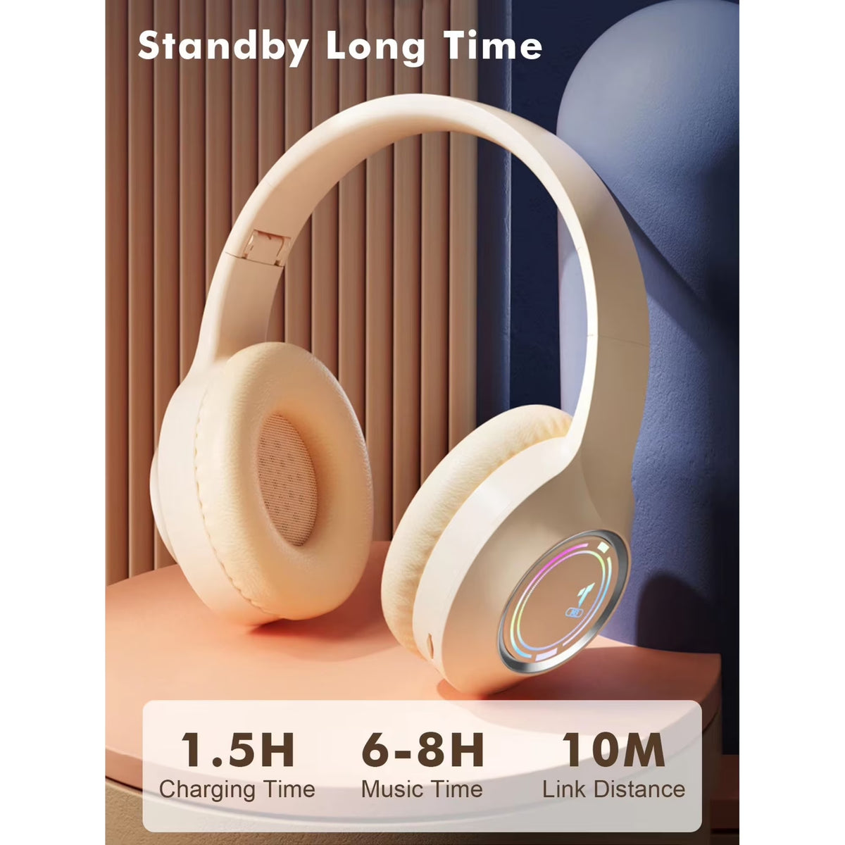 GENAISkin Tone Foldable Bluetooth 5.3 Over-Ear Headphones with LED Accent Light