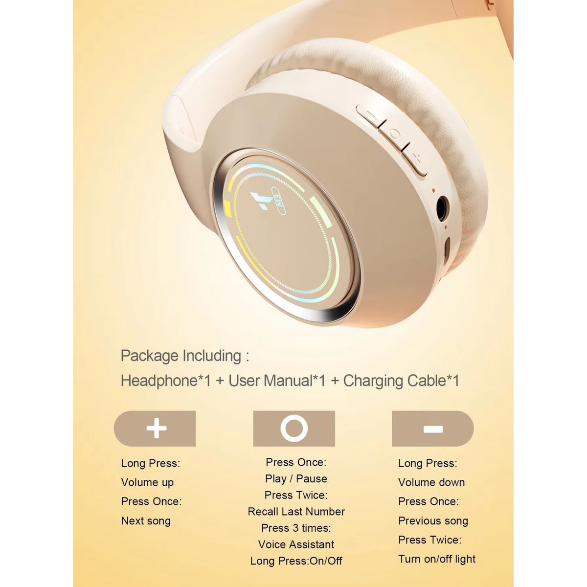 GENAISkin Tone Foldable Bluetooth 5.3 Over-Ear Headphones with LED Accent Light